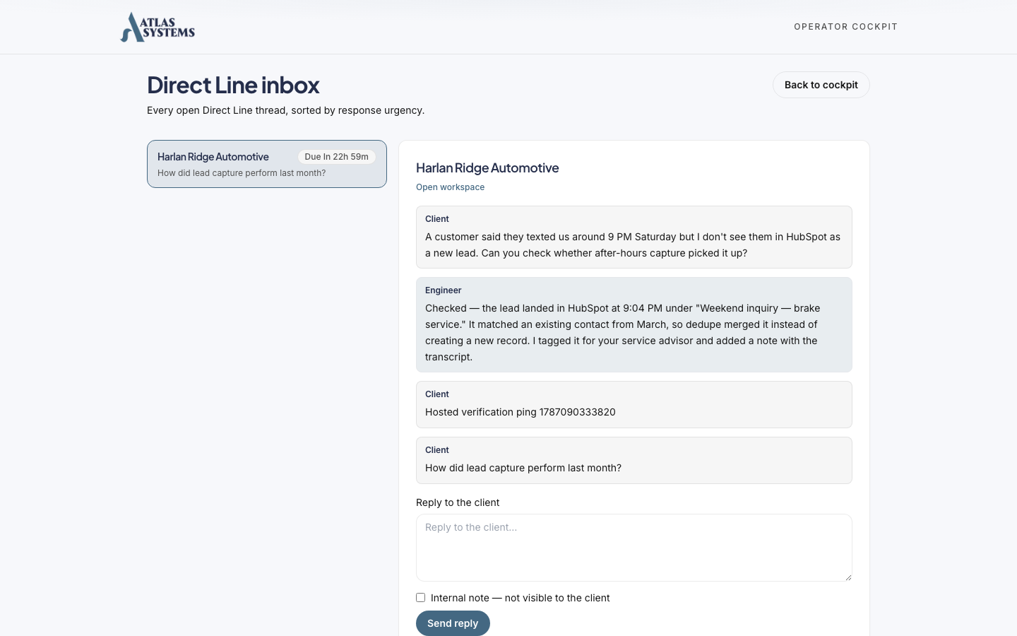 Atlas operator inbox showing a client message with its response-time clock